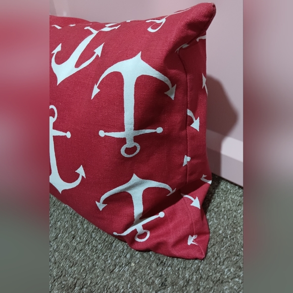 Light Red, Oblong Throw Pillow. Anchor Design in white. - Picture 3 of 6